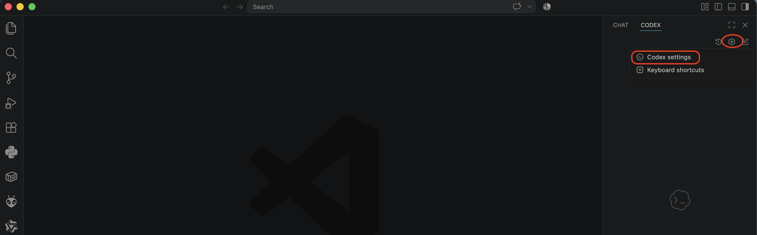 Codex panel gear icon menu with "Codex settings" highlighted.