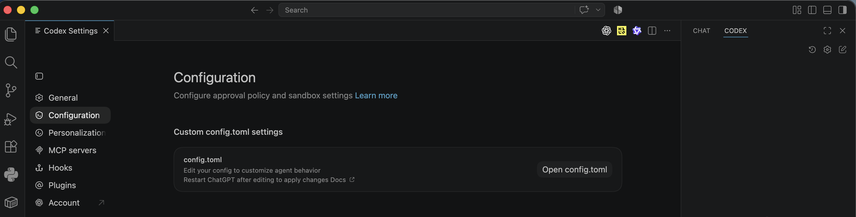 Codex Settings sidebar with Configuration selected.