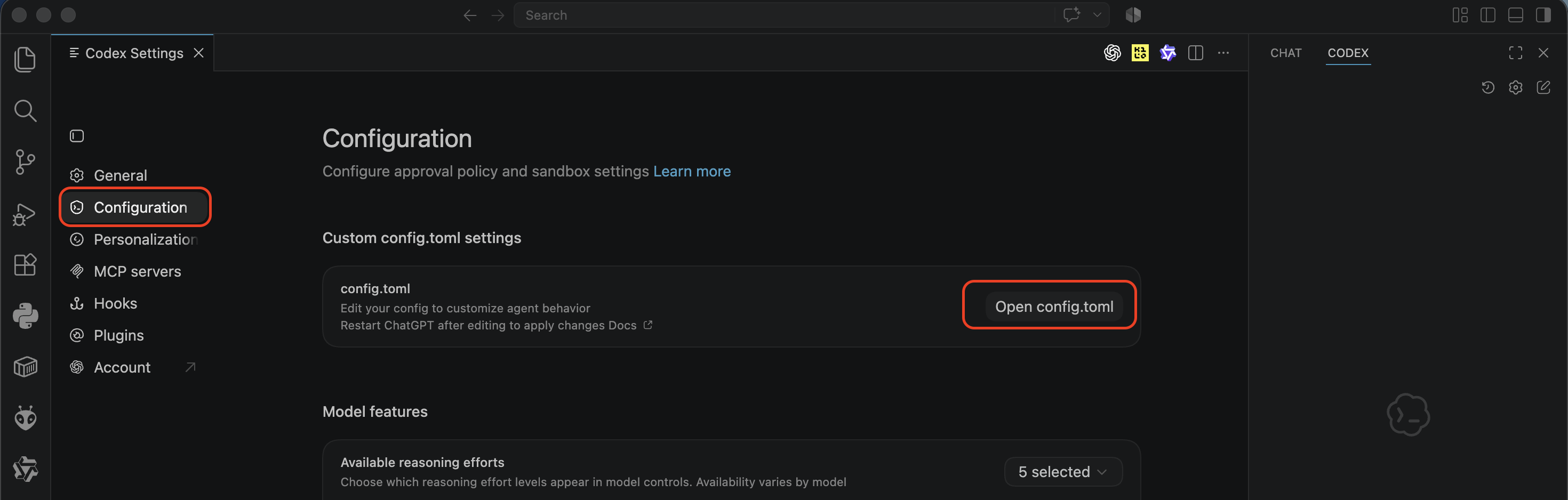 The "Open config.toml" button under Custom config.toml settings.