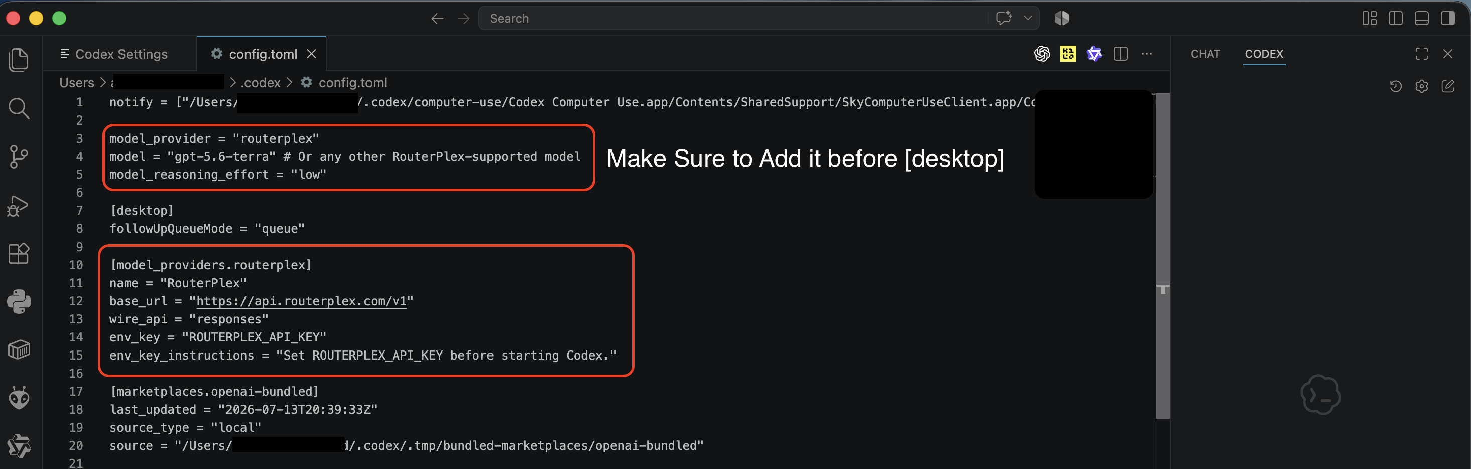 config.toml with the RouterPlex provider block added above the desktop table.