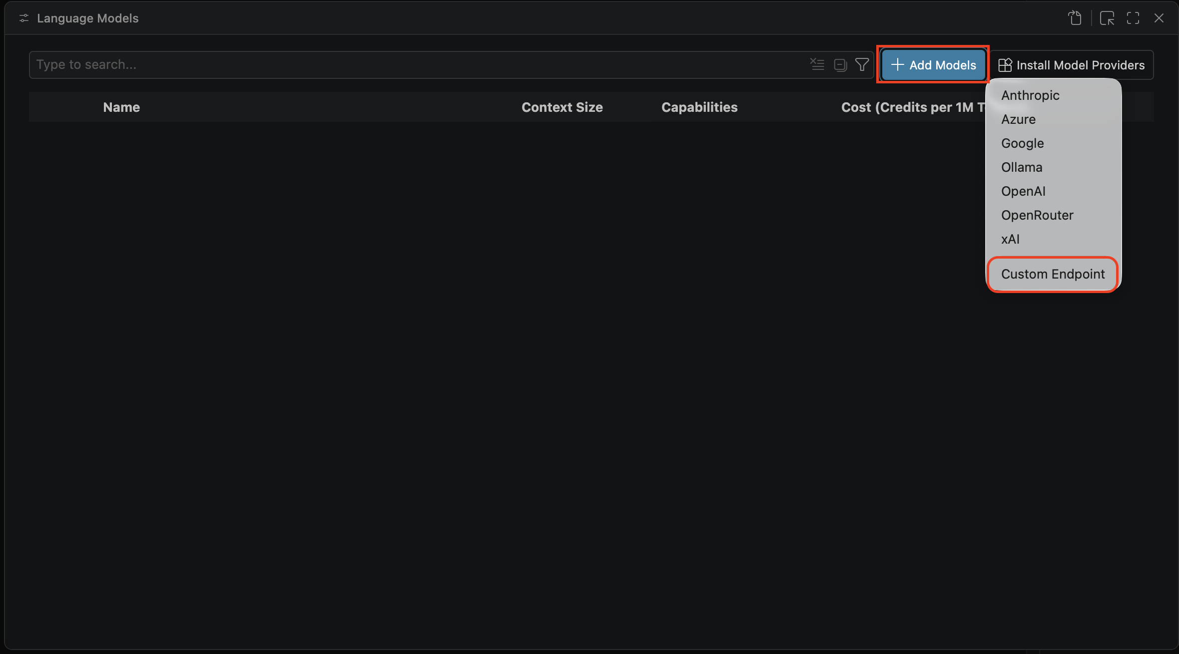 Add Models then Custom Endpoint in the Language Models panel.