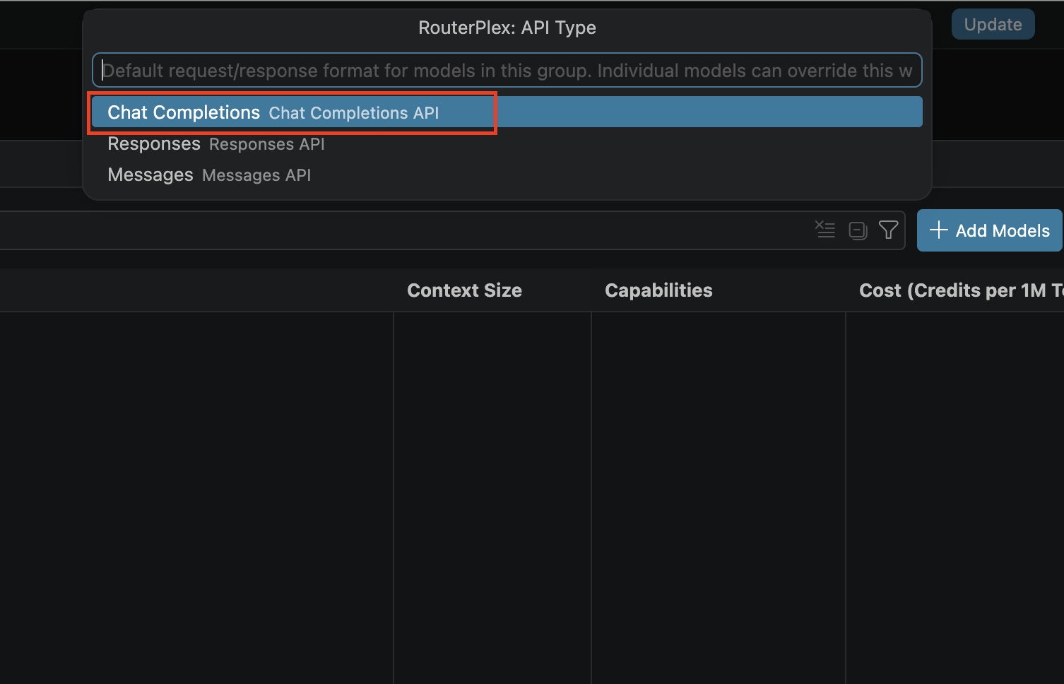 Selecting the Chat Completions API type.