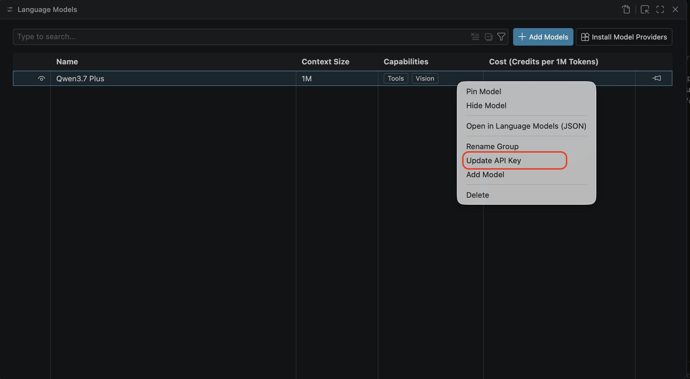 Right-click the model group and choose "Update API Key" to set your key.